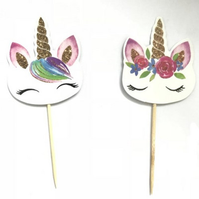 24 db Rajzfilm egyszarvú sült betétek Címke Születésnapi torta Gyümölcs Desszert Fogpiszkáló Születésnapi Party Esküvői Torta Zászló Dekorációs Kellékek