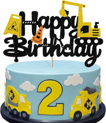 Строителен багер 1 2 3 4th Happy Birthday Cake Topper Машина за копаене Кран Baby Shower Kids Engineering Парти консумативи