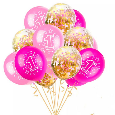 10 gab. Rozā balons 1. dzimšanas dienā, 1 gadu vecs, pirmās dzimšanas dienas ballītes noformējums Lateksa baloni Globosi Baby Shower Girl Favor