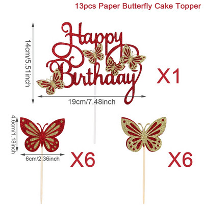 13db Rózsaszín lila pillangós tortafesték Boldog születésnapi parti dekoráció babaváró lány esküvői menyasszony desszert torta dekor Cupcake zászló