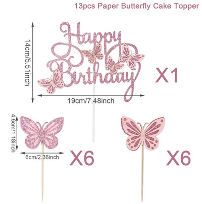 13db Rózsaszín lila pillangós tortafesték Boldog születésnapi parti dekoráció babaváró lány esküvői menyasszony desszert torta dekor Cupcake zászló