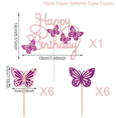 13db Rózsaszín lila pillangós tortafesték Boldog születésnapi parti dekoráció babaváró lány esküvői menyasszony desszert torta dekor Cupcake zászló