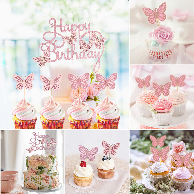 13db Rózsaszín lila pillangós tortafesték Boldog születésnapi parti dekoráció babaváró lány esküvői menyasszony desszert torta dekor Cupcake zászló
