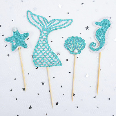 4db/készlet Sellány parti dekoráció farok csikóhal kagyló tengeri csillag tortafedele papír cupcake fedő születésnapi parti dekorációhoz