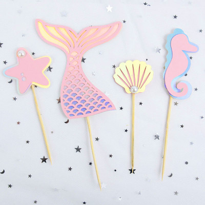 4db/készlet Sellány parti dekoráció farok csikóhal kagyló tengeri csillag tortafedele papír cupcake fedő születésnapi parti dekorációhoz