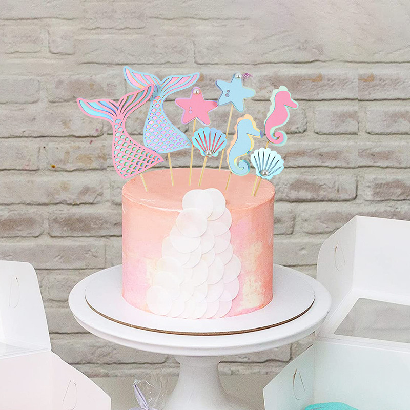 4db/készlet Sellány parti dekoráció farok csikóhal kagyló tengeri csillag tortafedele papír cupcake fedő születésnapi parti dekorációhoz