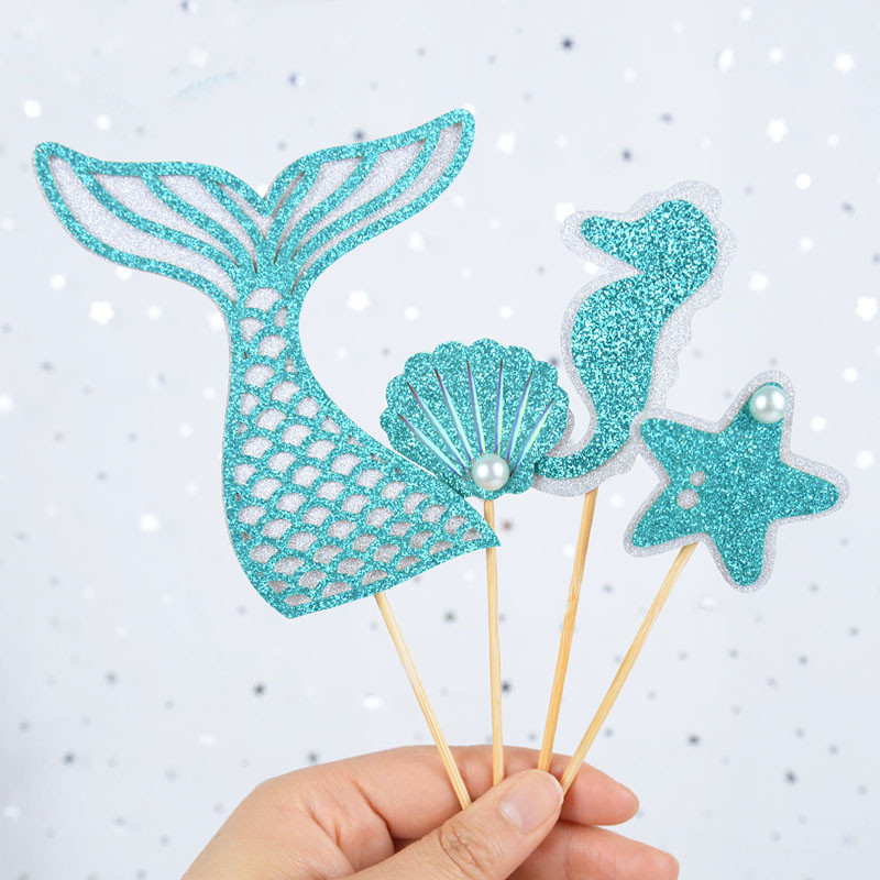 4db/készlet Sellány parti dekoráció farok csikóhal kagyló tengeri csillag tortafedele papír cupcake fedő születésnapi parti dekorációhoz