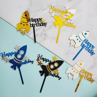 6 Styles Space Theme Rocket Happy Birthday Cake Topper Ακρυλικό Creative Topper Kids Birthday Party Διακοσμήσεις τούρτας Προμήθειες