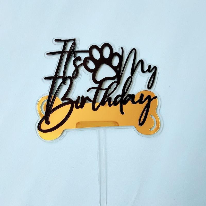 Új akril kisállatparti tortafedő Boldog születésnapot, ez az én barkdayom Arany tortafedő kisállat születésnapi tortadíszekhez