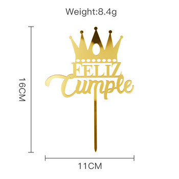 Acylic Feliz Cumpleanos Espanol Spanish Happy Birthday Cake Topper Gold Crown Design Консумативи за печене на Cupcake Парти Декорация