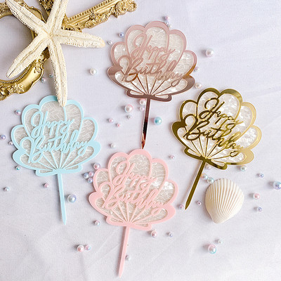 Ins Shell akrilinis su gimtadieniu torto dangtelis Auksinis Creative Ocean Cupcake dangtelis vaikams, mergaičių gimtadienio tortų papuošalai