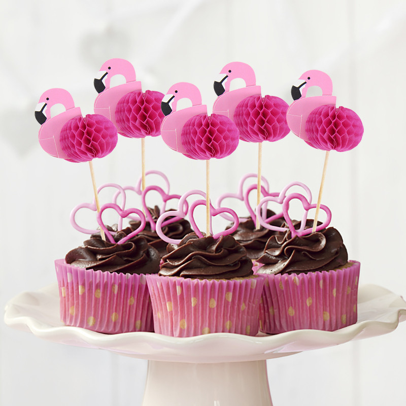 15db Flamingo Cupcake Toppers Trópusi Hawaii Beach Pool Party Desszert Gyümölcsválogatás Esküvői Születésnapi Party Tortafeltöltés Dekor