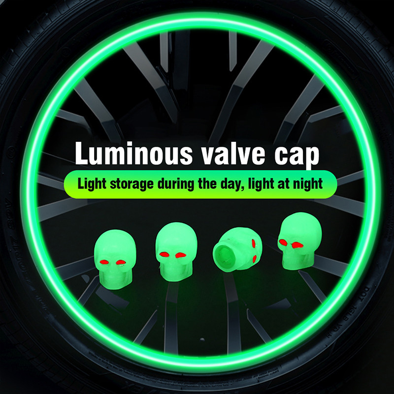 4 vnt Universalūs šviečiantys vožtuvų dangteliai, naktiniai švytintys automobiliai, motociklai, dviračiai, ratai, stiliaus padangos, stebulės dangteliai, dulkėms atsparūs priedai
