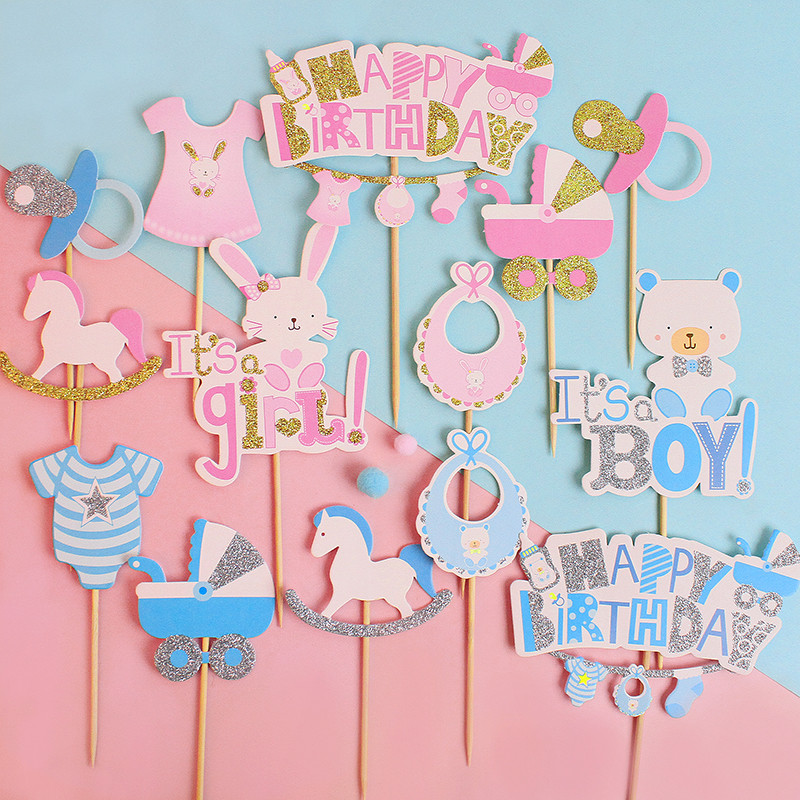 Nem feltárja a tortafeltétet fiú lány Boldog születésnapot dekoráció Nyúlparti sütés Desszert kellékek Cupcake Toppers babazuhany