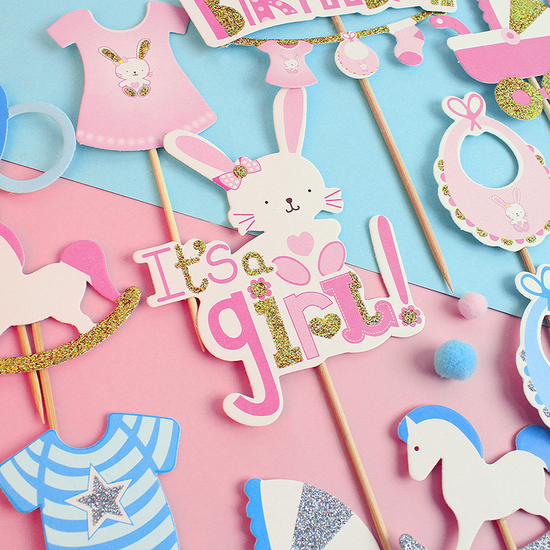 Nem feltárja a tortafeltétet fiú lány Boldog születésnapot dekoráció Nyúlparti sütés Desszert kellékek Cupcake Toppers babazuhany