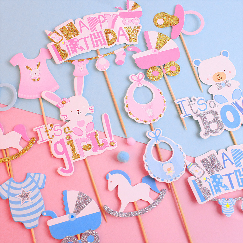 Nem feltárja a tortafeltétet fiú lány Boldog születésnapot dekoráció Nyúlparti sütés Desszert kellékek Cupcake Toppers babazuhany