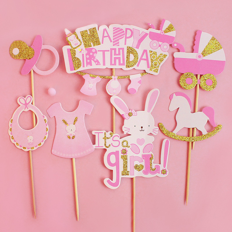 Nem feltárja a tortafeltétet fiú lány Boldog születésnapot dekoráció Nyúlparti sütés Desszert kellékek Cupcake Toppers babazuhany