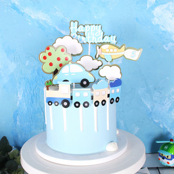 2023 Честит рожден ден Торта за торта Пилот Самолет Кола Дърво Облаци Годишнина Флаг Парти Консумативи за печене Капкейк Топъри Baby Shower