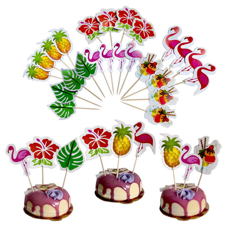24 tk Hawaii tassikoogikatted flamingo ananassi palmilehtede hambaorkid troopilise suve ranna sünnipäevapeo tordikaunistus