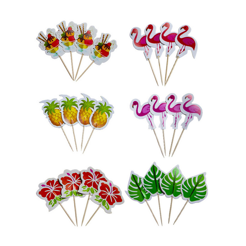 24 tk Hawaii tassikoogikatted flamingo ananassi palmilehtede hambaorkid troopilise suve ranna sünnipäevapeo tordikaunistus