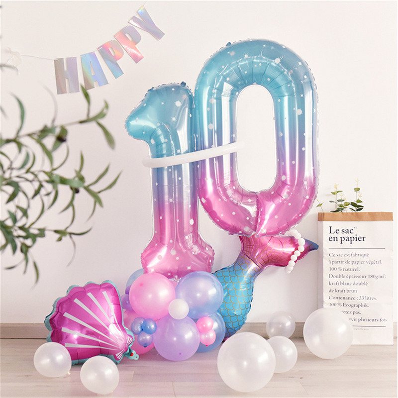 Baloane din folie cu număr de cer înstelat de 40 inch 0-9 Balon digital gigant de culoare gradient pentru copii, sirenă, decorațiuni pentru prima zi de naștere