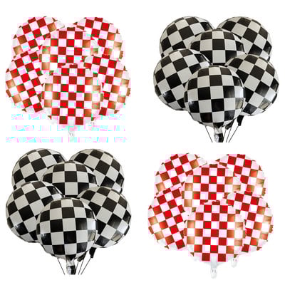 6 bucăți balon din tablă de șah pentru curse tematice pentru decorațiuni pentru petreceri Balon din folie de aluminiu în carouri, negru, alb, roșu, 18 inci