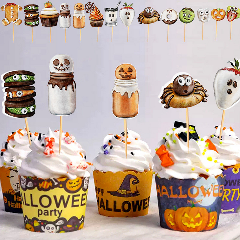 Happy Halloween tortafeltétek Halloween Cupcake-feltétek Rajzfilm Sütőtök Boszorkány Szellemtorta Dekoratív zászlók gyerekeknek Halloween dekorációhoz