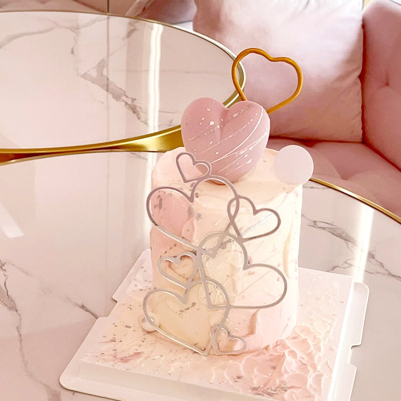 7hearts Esküvői tortasütő Minimalista Rózsaszín Ezüst Szerelem Szív Tortadísz Évforduló Desszert Torta sütés Dekorációs eszköz