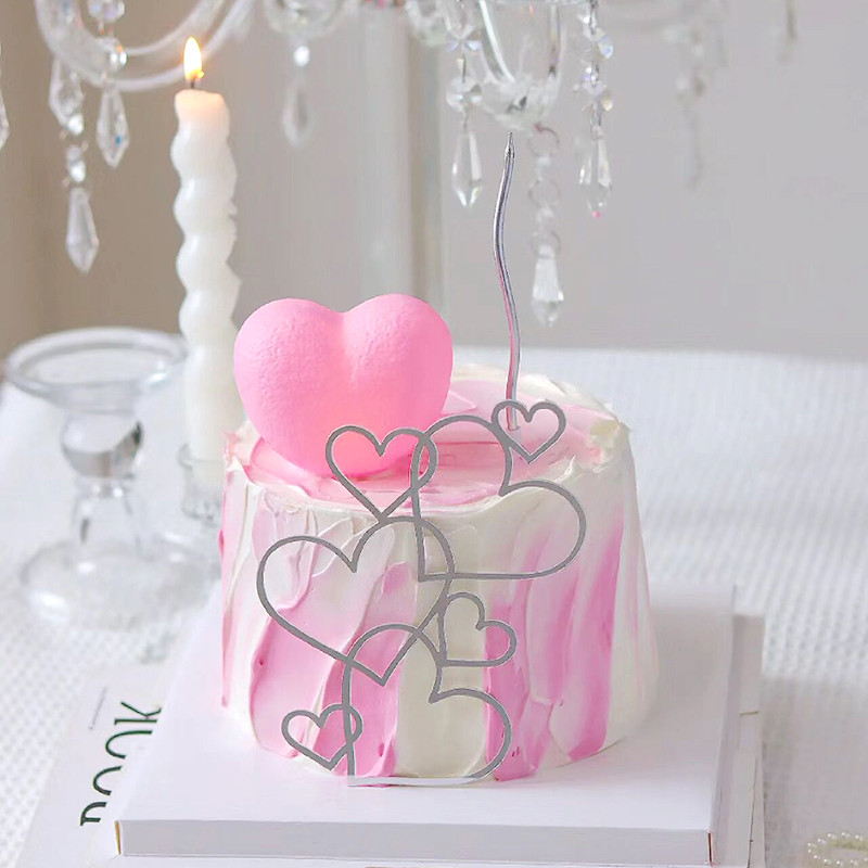 7hearts Esküvői tortasütő Minimalista Rózsaszín Ezüst Szerelem Szív Tortadísz Évforduló Desszert Torta sütés Dekorációs eszköz