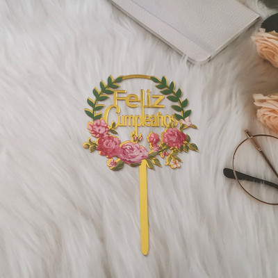 Új többnyelvű boldog születésnapi tortafeltét arany akril spanyol nyelvű desszert tortafeltét babaváró parti dekorációhoz