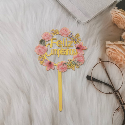 Új többnyelvű boldog születésnapi tortafeltét arany akril spanyol nyelvű desszert tortafeltét babaváró parti dekorációhoz