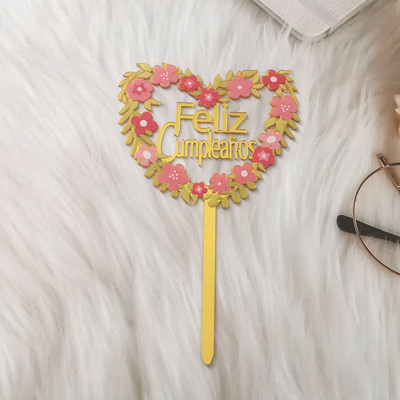 Új többnyelvű boldog születésnapi tortafeltét arany akril spanyol nyelvű desszert tortafeltét babaváró parti dekorációhoz