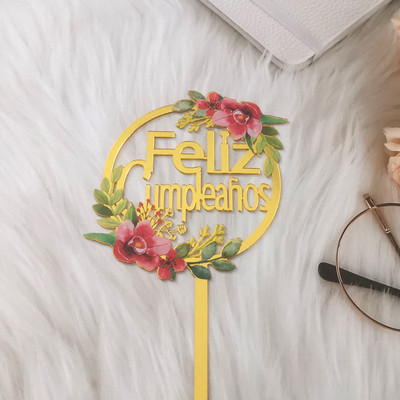 Új többnyelvű boldog születésnapi tortafeltét arany akril spanyol nyelvű desszert tortafeltét babaváró parti dekorációhoz