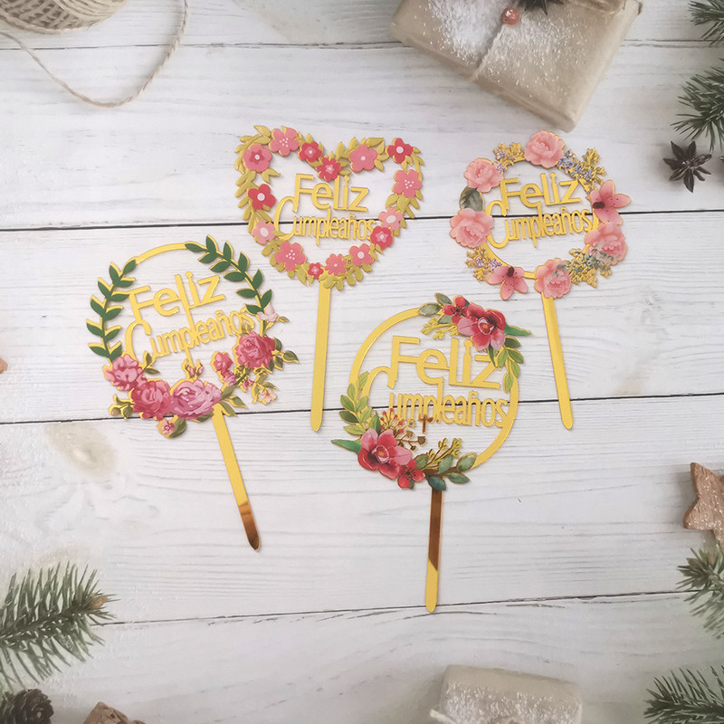 Új többnyelvű boldog születésnapi tortafeltét arany akril spanyol nyelvű desszert tortafeltét babaváró parti dekorációhoz