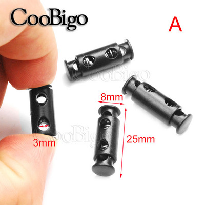 20 vnt. plastikiniai juodos spyruoklinės virvelės užrakto kamščiai, jungikliai, skirti sutraukiamoms raištelių virvelėms, Paracord virvių priedai, dvigubos skylės