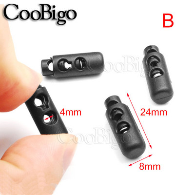 20 vnt. plastikiniai juodos spyruoklinės virvelės užrakto kamščiai, jungikliai, skirti sutraukiamoms raištelių virvelėms, Paracord virvių priedai, dvigubos skylės