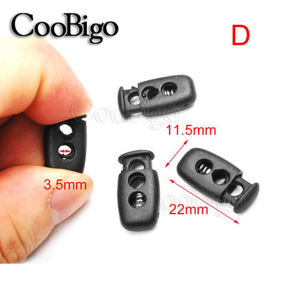 20 vnt. plastikiniai juodos spyruoklinės virvelės užrakto kamščiai, jungikliai, skirti sutraukiamoms raištelių virvelėms, Paracord virvių priedai, dvigubos skylės