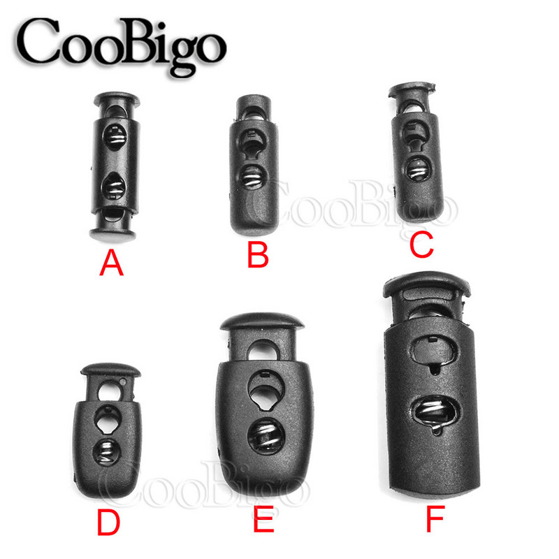 20 vnt. plastikiniai juodos spyruoklinės virvelės užrakto kamščiai, jungikliai, skirti sutraukiamoms raištelių virvelėms, Paracord virvių priedai, dvigubos skylės