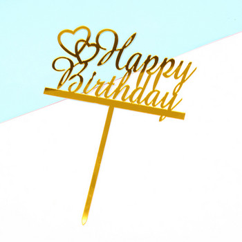2021 Happy Birthday Cake Topper Златисто сребристо акрилно момче момиче Party Cake Topper Декорация Подарък Bow Cake flag Консумативи за рожден ден