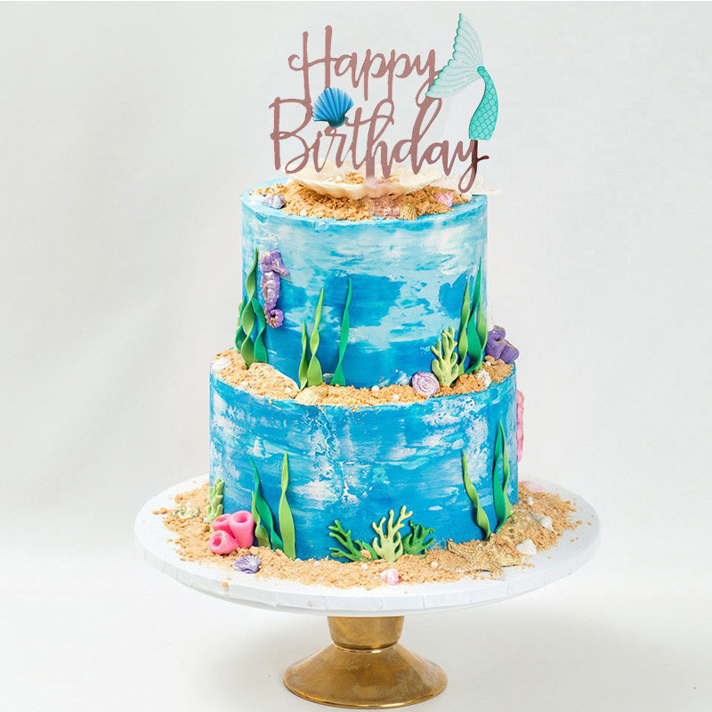 Boldog születésnapot Óceán téma Gyerekek születésnapi tortafedője Színes kagylók Sellőfarkú tortafedő gyerekeknek Születésnapi tortadíszek