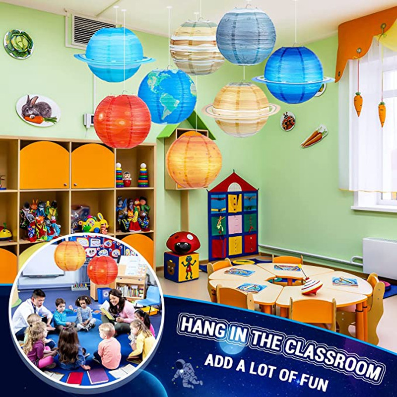 Aštuonios planetos kosmoso popieriniai žibintai Kabantys saulės sistemos planetos vaikams Galaxy Žvaigždėta tema Gimtadienio vakarėlio puošmena berniukas