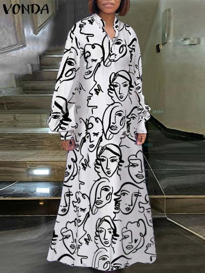 Plus Size 5XL VONDA Kaftan Maxi Dress Femei Boemie Imprimate Rochie Guler Stand Long Maneca Lantern Robe de petrecere Casual Robe