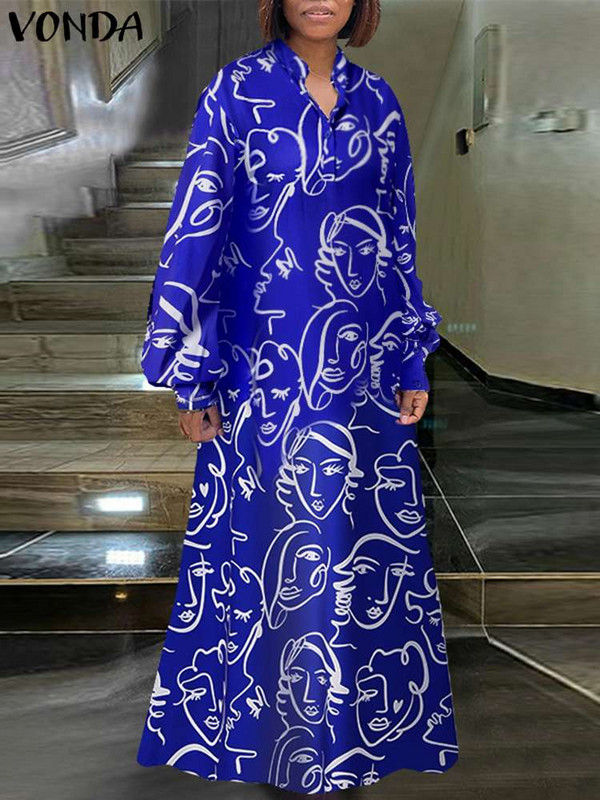 Plus Size 5XL VONDA Kaftan Maxi Dress Femei Boemie Imprimate Rochie Guler Stand Long Maneca Lantern Robe de petrecere Casual Robe