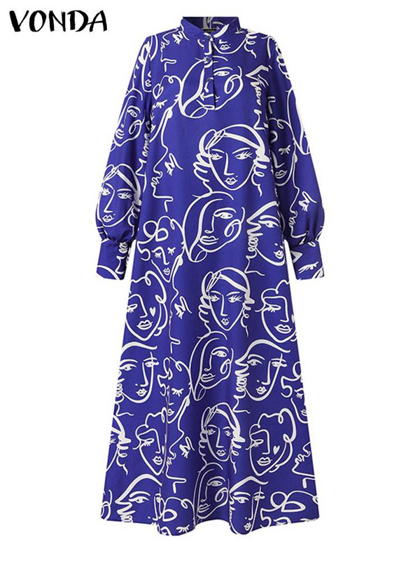 Plus Size 5XL VONDA Kaftan Maxi Dress Femei Boemie Imprimate Rochie Guler Stand Long Maneca Lantern Robe de petrecere Casual Robe