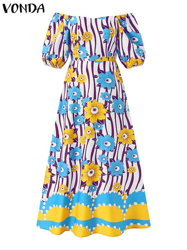 Didelio dydžio 5XL VONDA vasarinis saulėlydis Seksuali 2023 m. moteriška suknelė su gėlėmis, ilgomis rankovėmis vakarėliui Maxi Robe Femme