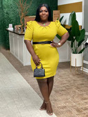 ZJFZML ZZ Plus Size formális üzleti mini ruha női ruházat tömör nyakú rövid, felfújható ujjú, magas derekú Bodycon ceruza ruha