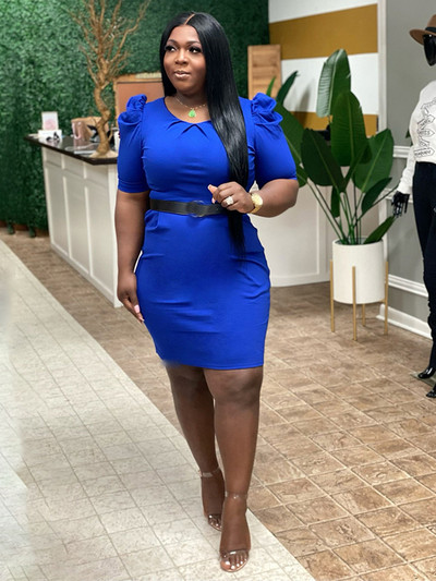 ZJFZML ZZ Plus Size formális üzleti mini ruha női ruházat tömör nyakú rövid, felfújható ujjú, magas derekú Bodycon ceruza ruha