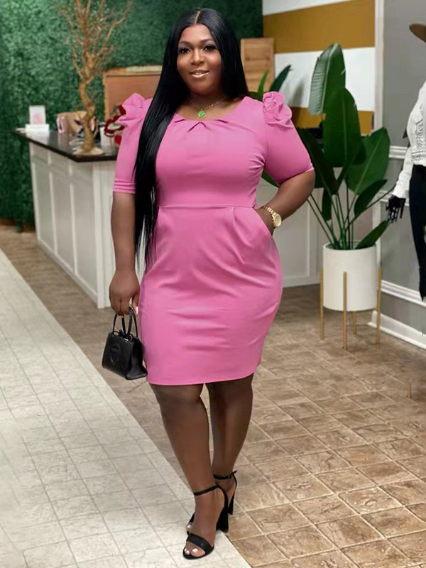 ZJFZML ZZ Plus Size formális üzleti mini ruha női ruházat tömör nyakú rövid, felfújható ujjú, magas derekú Bodycon ceruza ruha