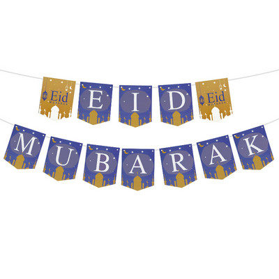 EID Mubarak Banner Csillogó Csillag Hold Levél Papír Sármány Füzér Iszlám Muszlim Party Ramadan Kareem Otthoni dekorációk 2022