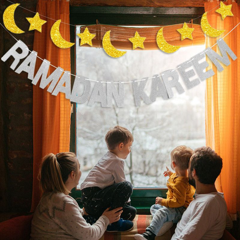 EID Mubarak Banner Csillogó Csillag Hold Levél Papír Sármány Füzér Iszlám Muszlim Party Ramadan Kareem Otthoni dekorációk 2022